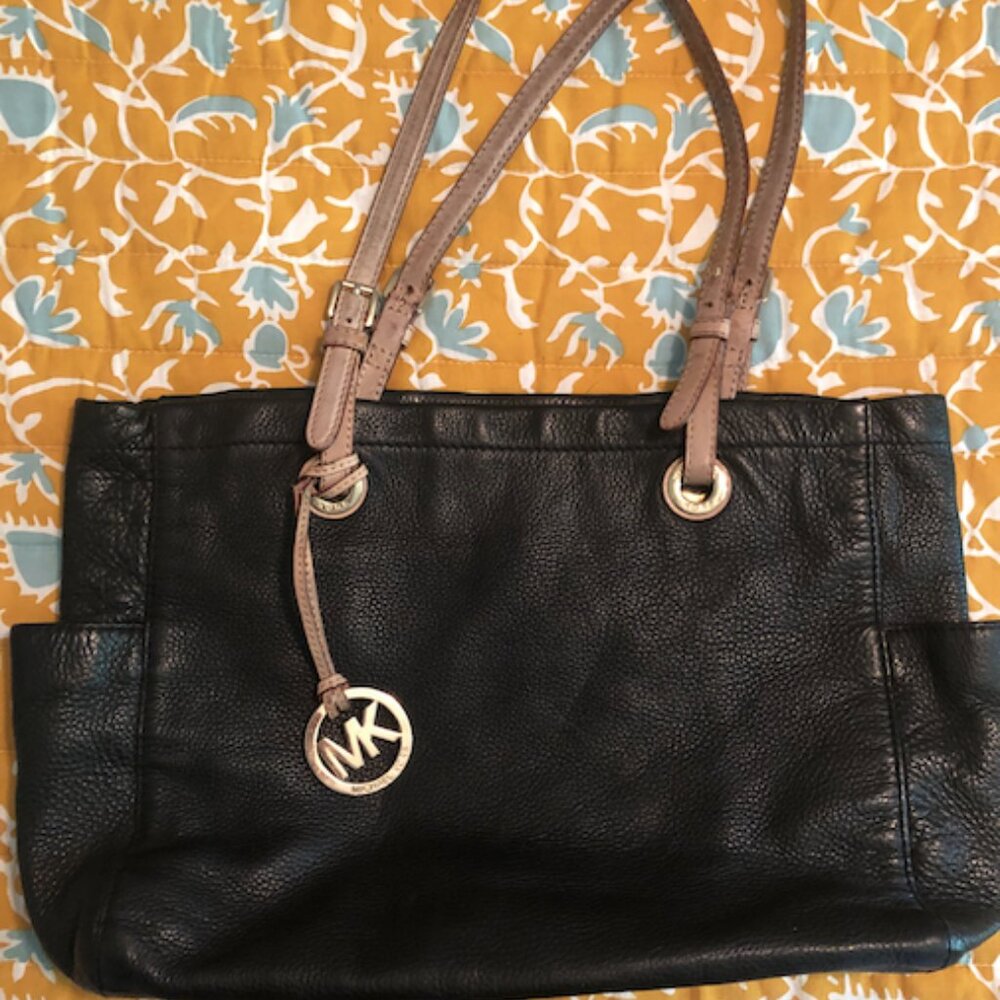 Michael Kors Black Pebble Leather Shoulder Bag w/ Exterior Pockets Double Straps